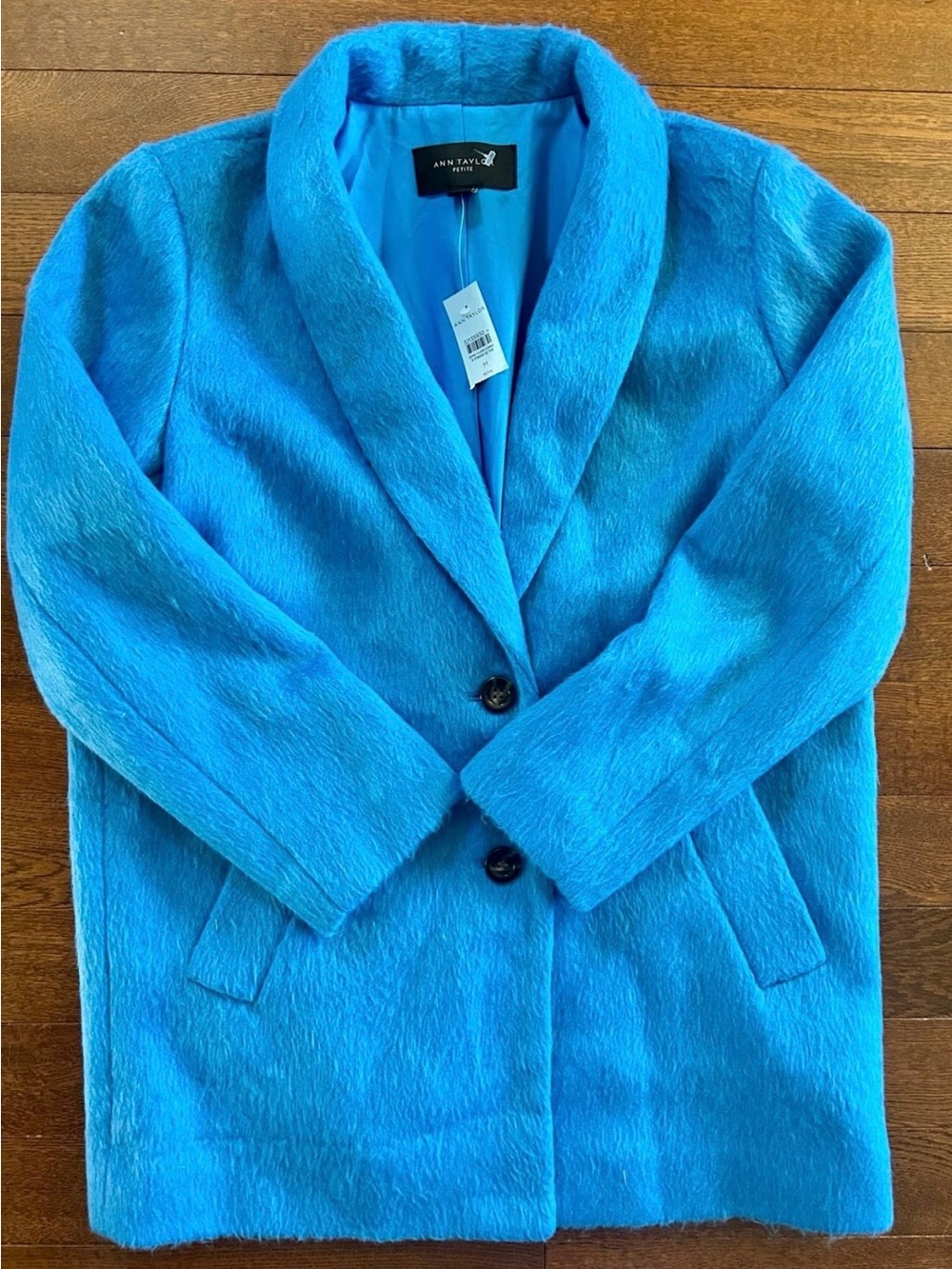 Ann Taylor Vibrant Turquoise Blue Fuzzy Wool-Blend Blazer petite M